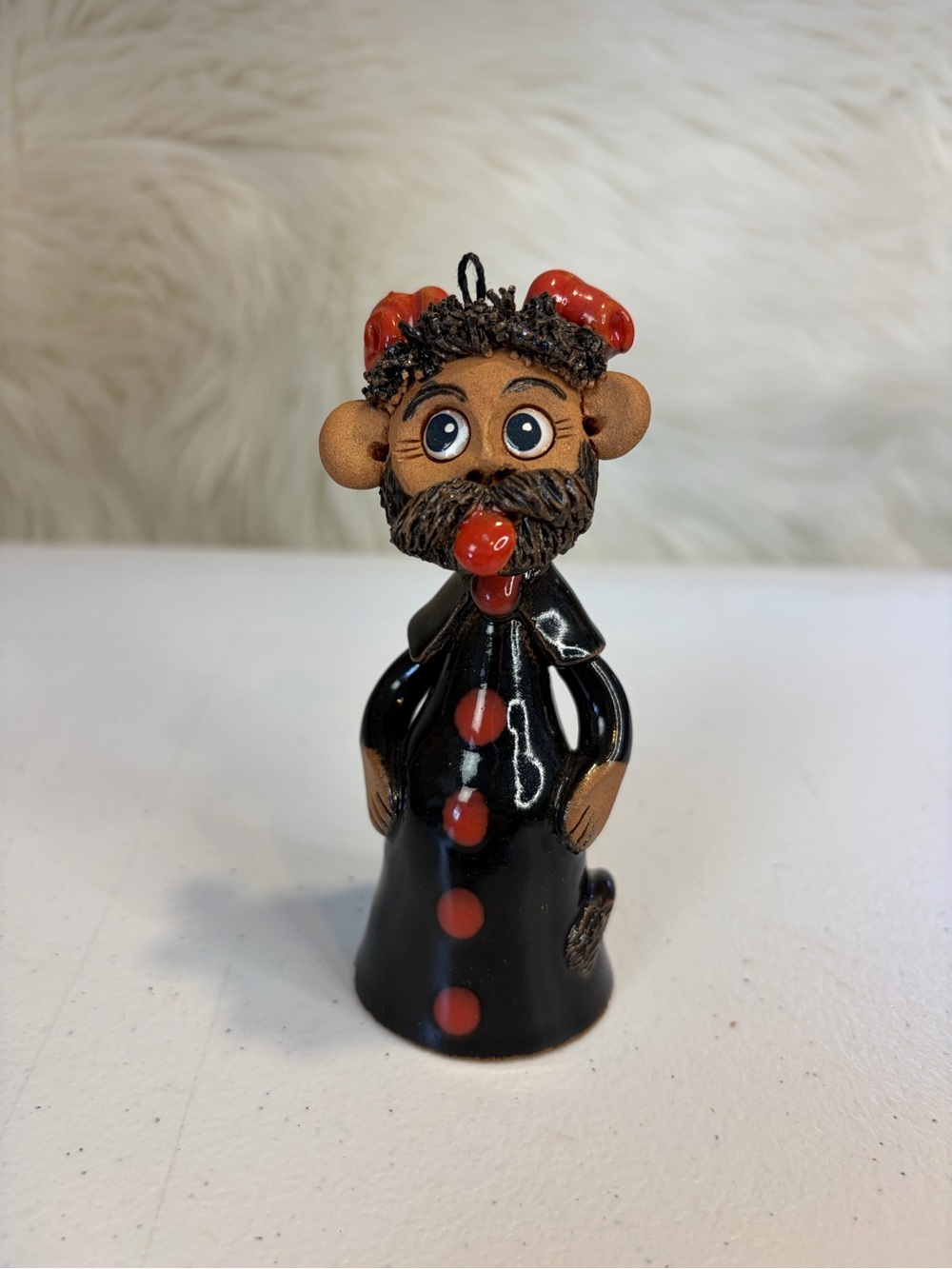 Vintage Handmade Devil Bell Ornament Figurine Clay Folk Art Halloween Gothic